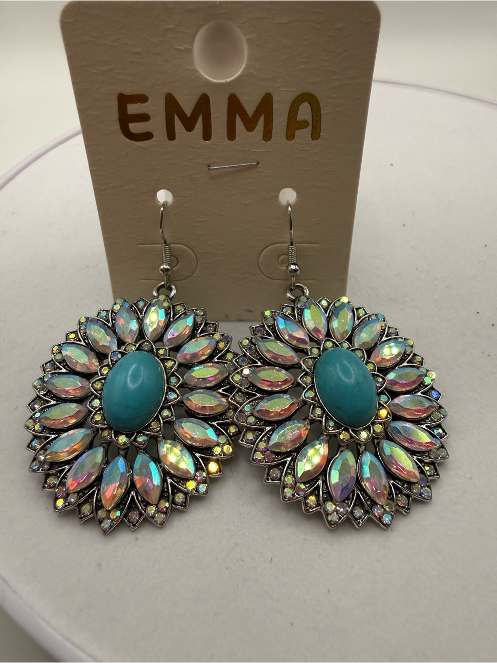 Turquoise Oval & Iridescent Floral Drop Earrings - Picture 2 of 2